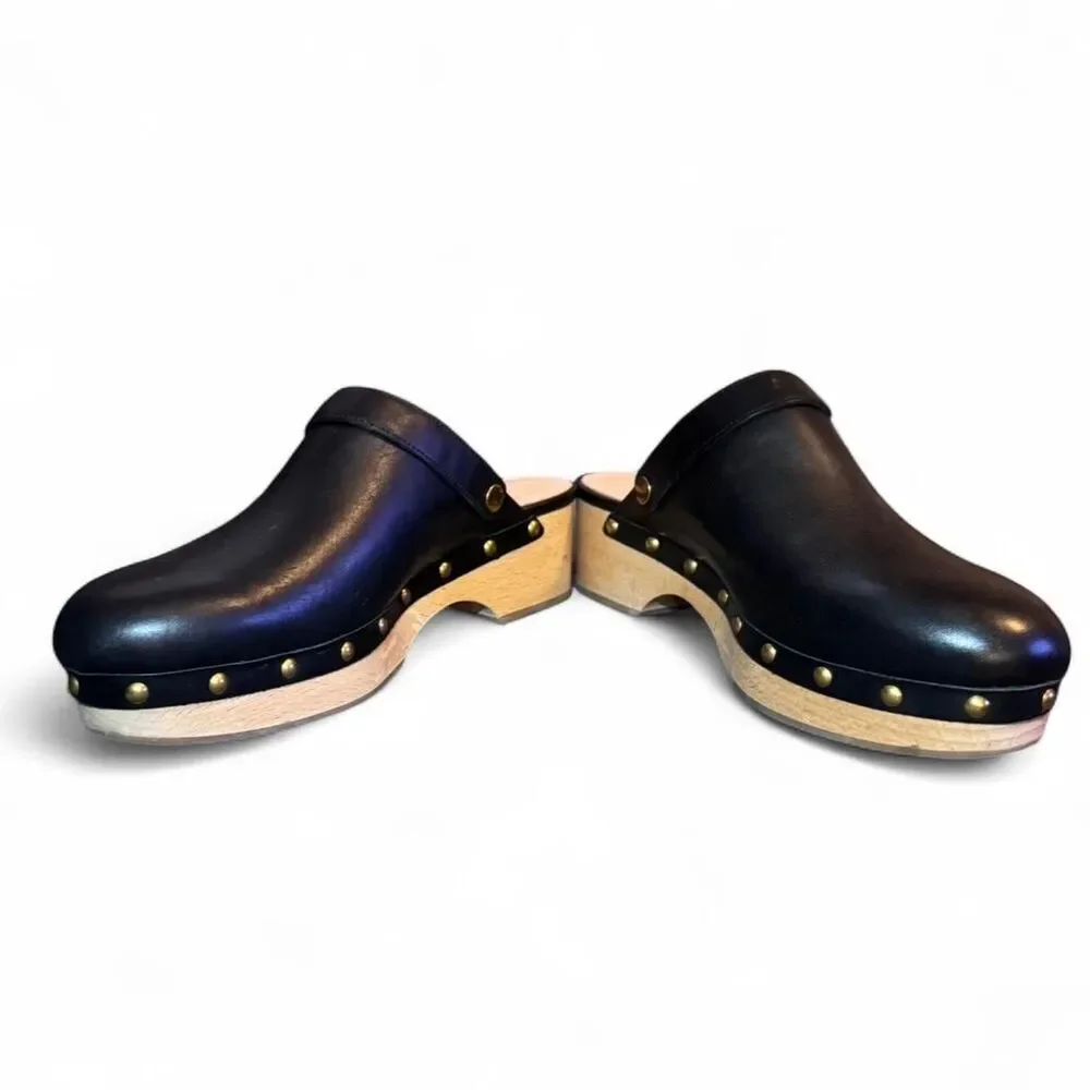 J.Crew BA188 Black Leather Studded Wood Clogs Women’s 10.5 Platform Mule